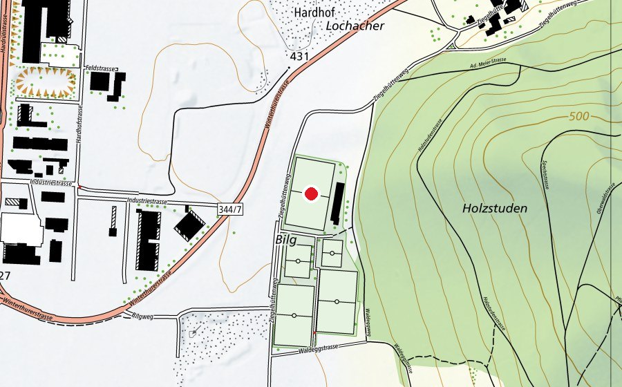 Map showing the location of Fussballplatz Bilg (Sports field)