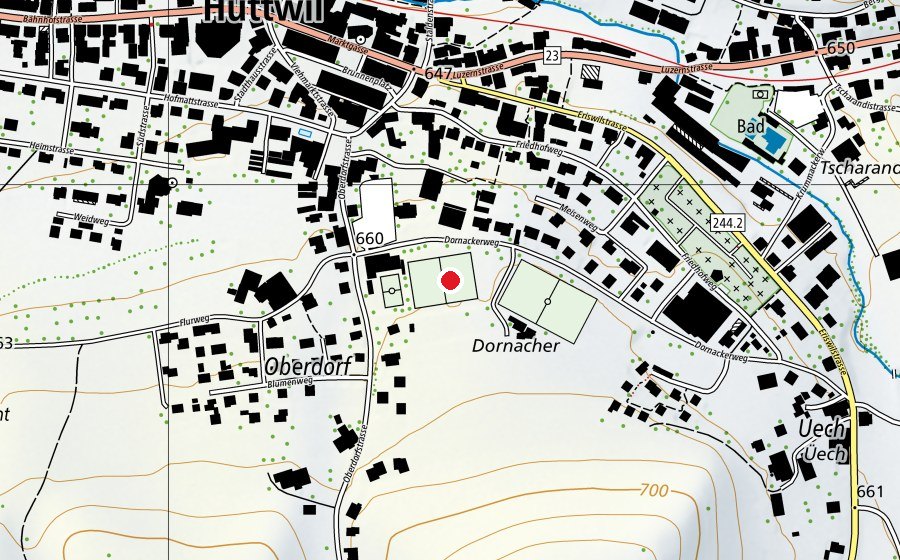 Map showing the location of Fussballplatz (Sports field)