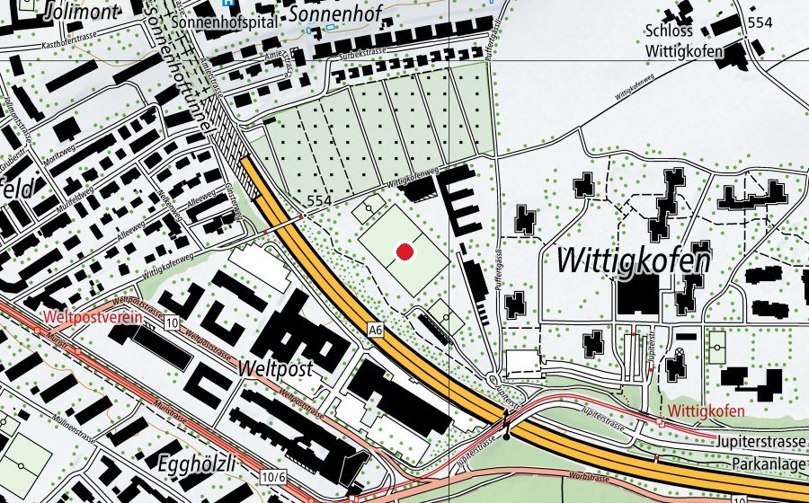 Map showing the location of Fussballplatz Murifeld (Sports field)