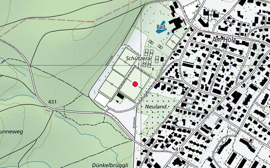 Map showing the location of Fussballplatz (Sports field)
