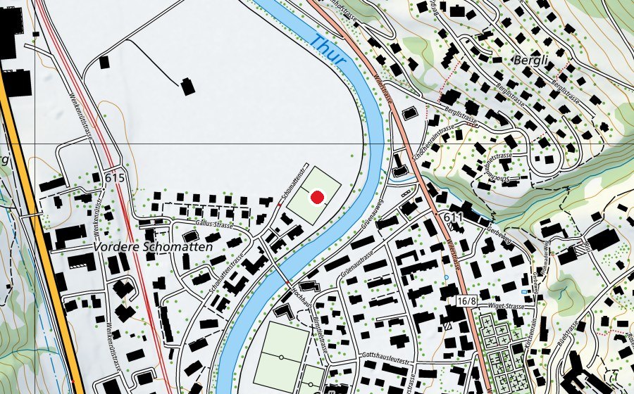 Map showing the location of Fussballplatz Schomatten (Sports field)