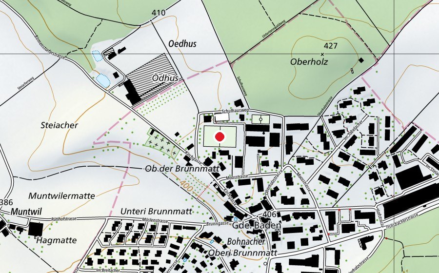 Map showing the location of Fussballplatz Schulhaus (Sports field)