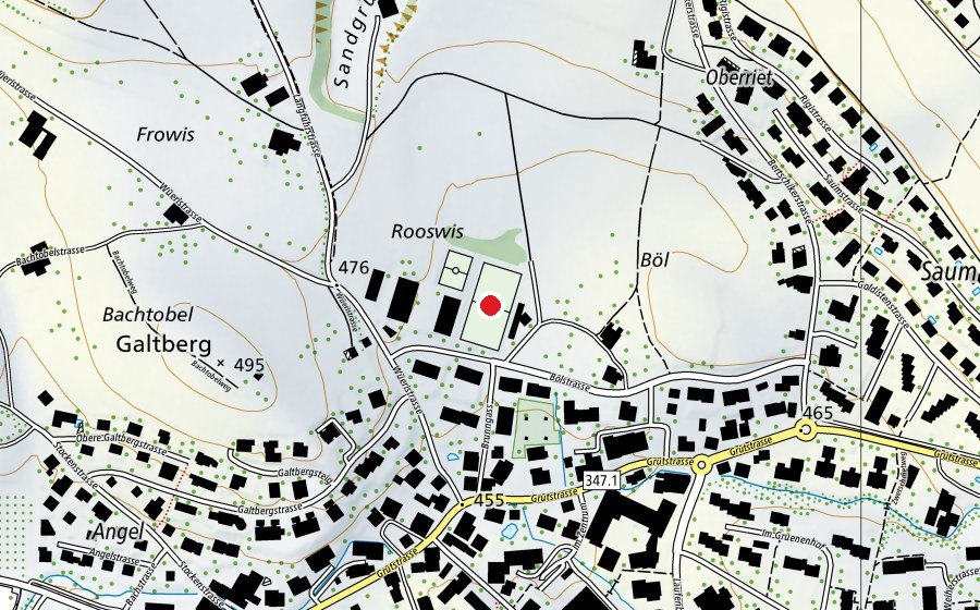 Mappa con la posizione di Fussballplatz Schulhaus Rooswis (Campo sportivo)