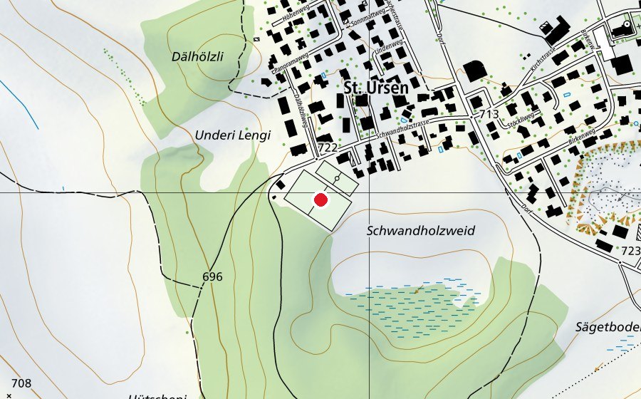 Karte mit dem Standort von Fussballplatz St. Ursen (Sportplatz)
