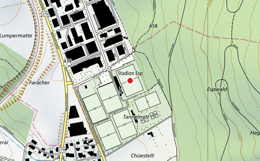 Karte mit dem Standort von Fussballstadion Esp (Sportplatz)