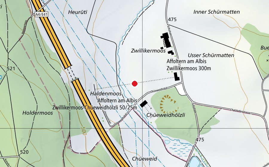 Map showing the location of Gefahrenzone 1 (Sports field)