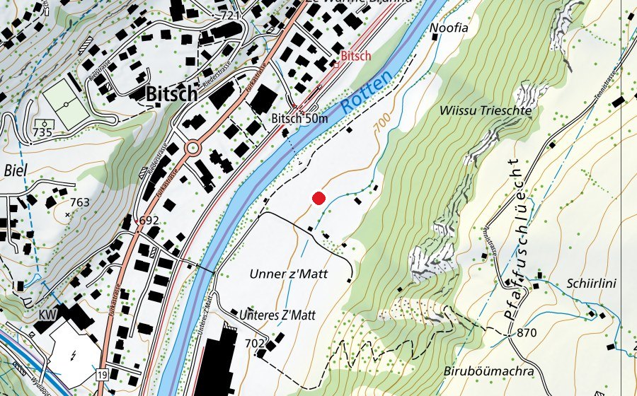 Mappa con la posizione di Gleitschirm Landeplatz Bitsch (Campo sportivo)
