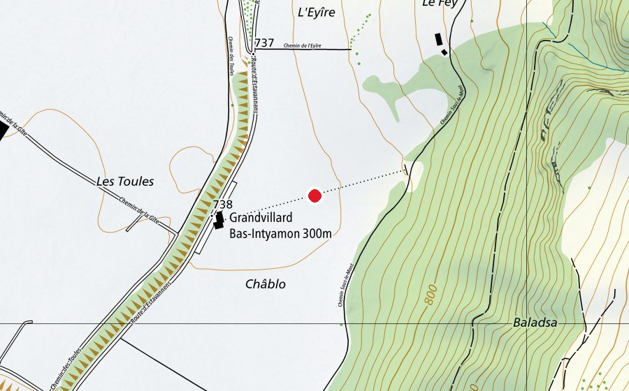 Map showing the location of Grandvillard Bas-Intyamon 300m (Sports field)