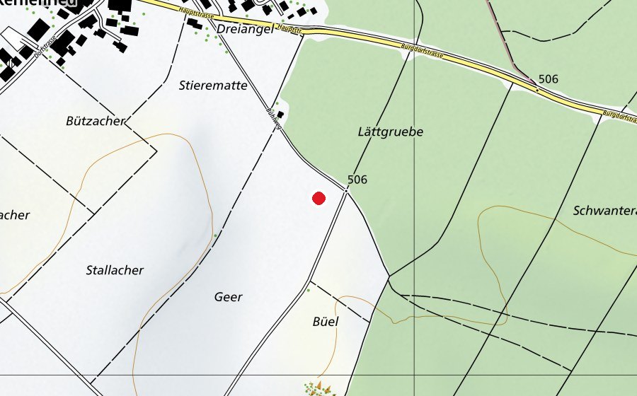 Map showing the location of Hornusserplatz Zauggenried-Kernenried (Sports field)