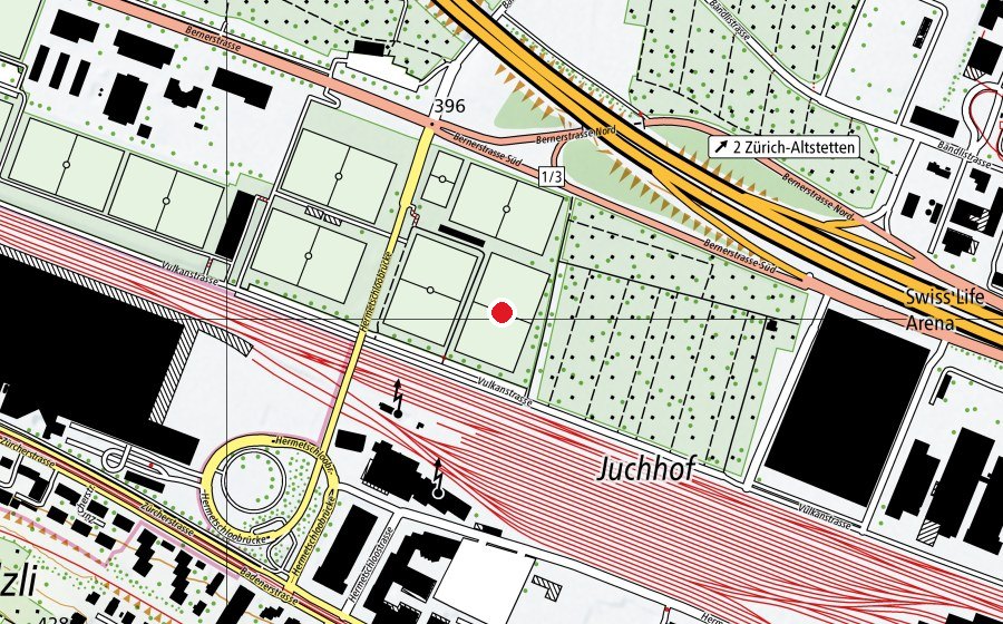 Carte indiquant l’emplacement de Juchhof 1 R9 (Terrain de sport)