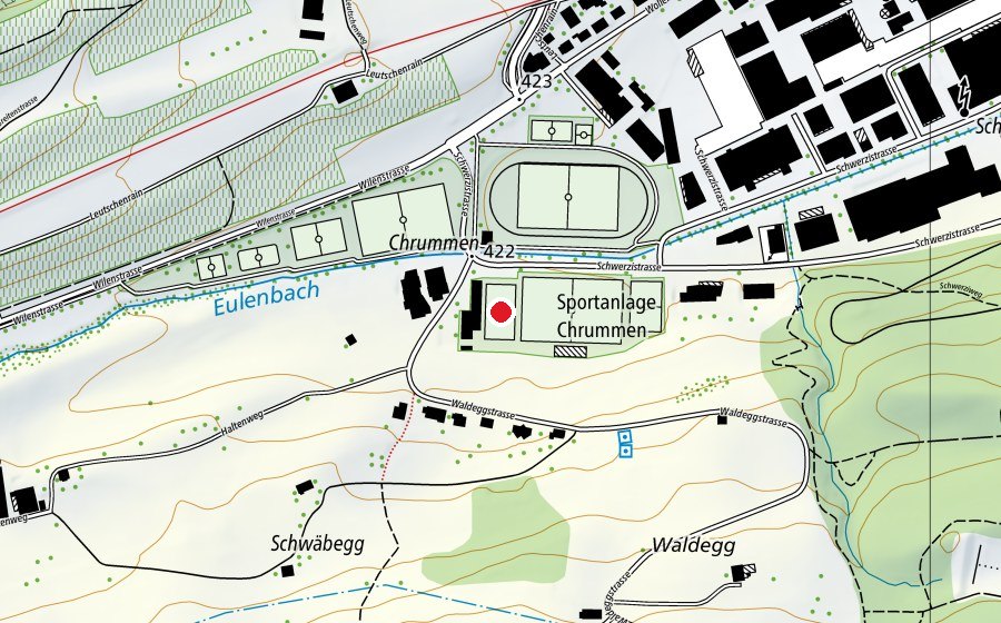 Map showing the location of Kunstrasenplatz 3 (Sports field)