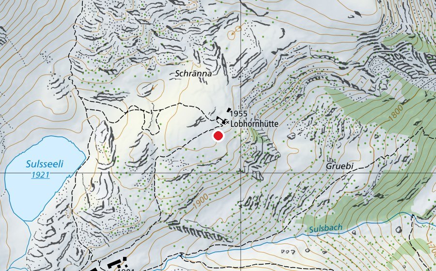 Map showing the location of Lobhornhütte takeoff (Sports field)
