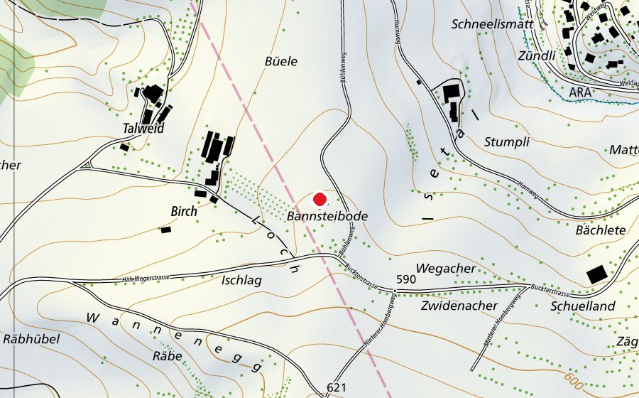 Map showing the location of Modellflugplatz Birch (Sports field)