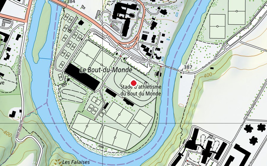 Map showing the location of Piste du Bout-du-Monde (Sports field)