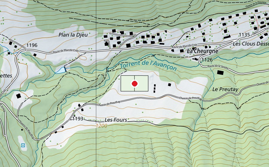 Map showing the location of Place de sports des Fours (Sports field)