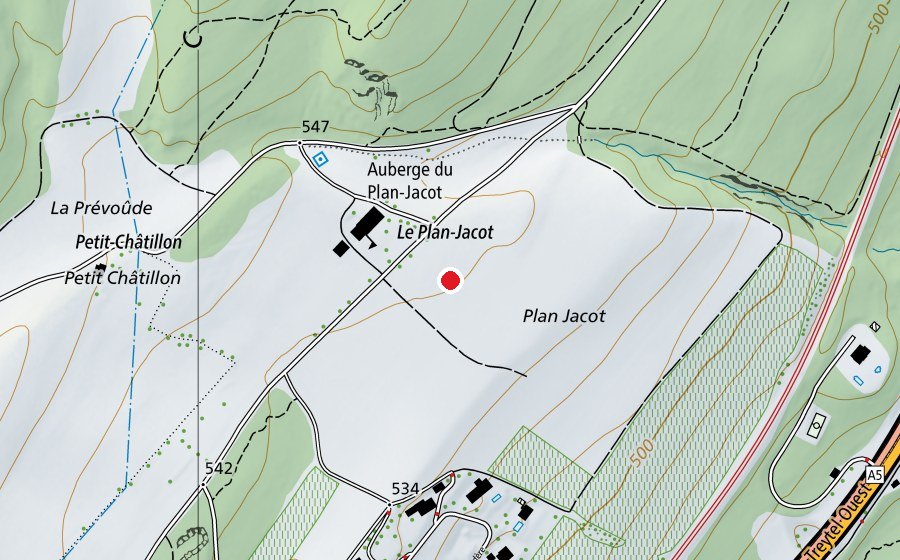 Map showing the location of Plan Jacot (Sports field)