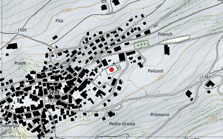 Carte indiquant l’emplacement de Plozza da Sport - Palüzot (Terrain de sport)