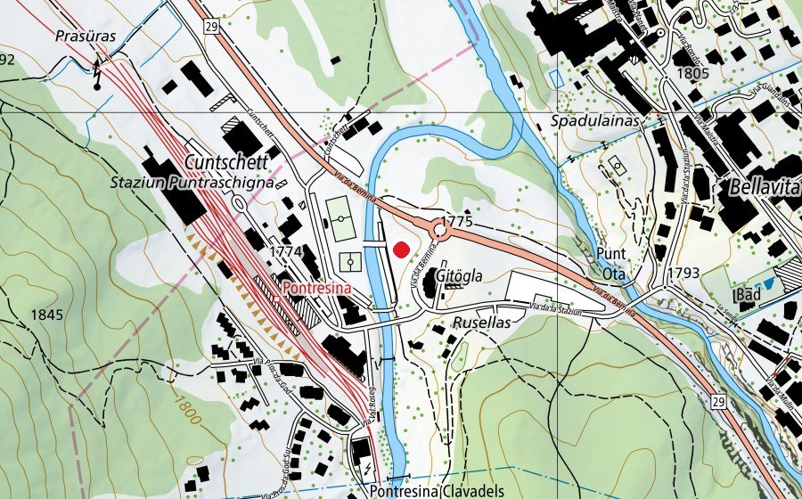Karte mit dem Standort von Pontresina Velosolutions Pump track (Sportplatz)