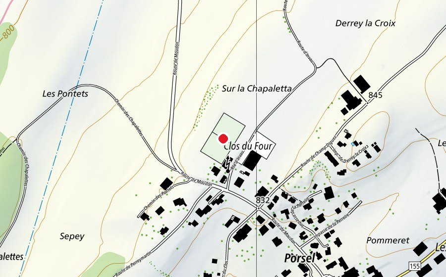 Map showing the location of Porsel Stadium (Sports field)