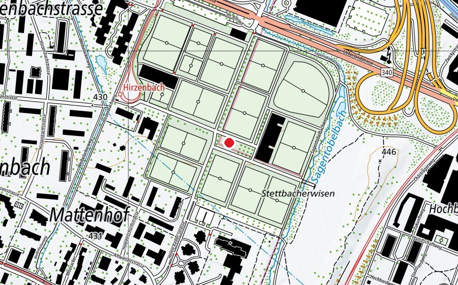 Karte mit dem Standort von Pumptrack Hirzenbach (Sportplatz)