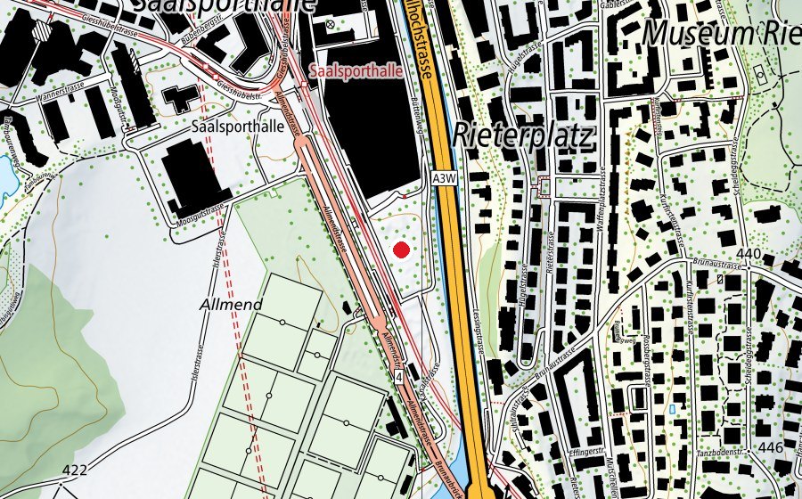 Mappa con la posizione di Pumptrack Zürich Allmend (Campo sportivo)