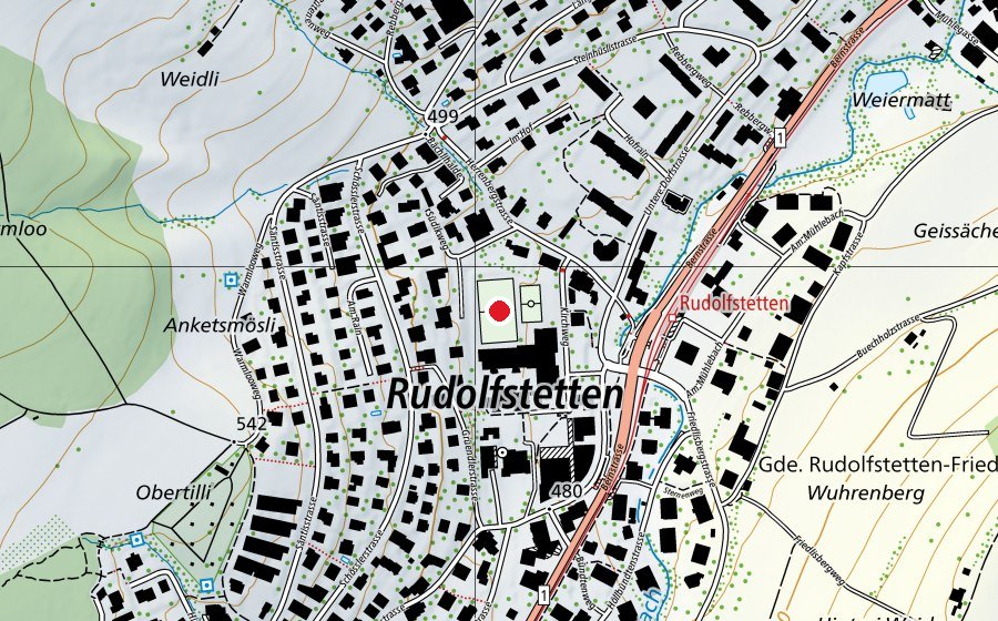 Carte indiquant l’emplacement de Schulhauswiese Rudolfstetten (Terrain de sport)
