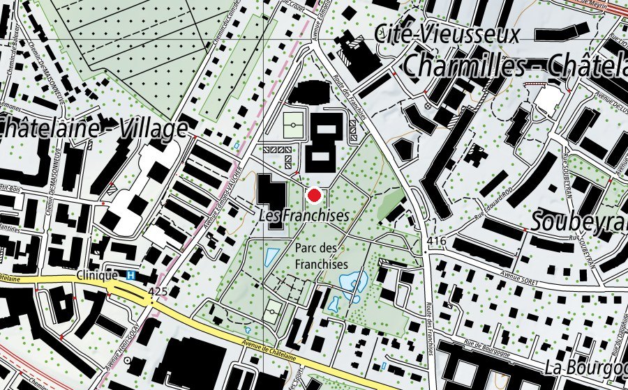 Map showing the location of skateparc des franchises (Sports field)