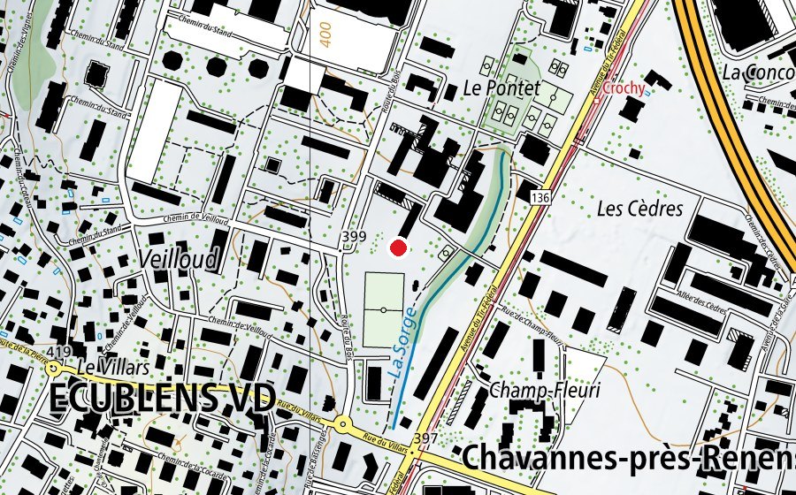 Mappa con la posizione di Skatepark d'Écublens (Campo sportivo)