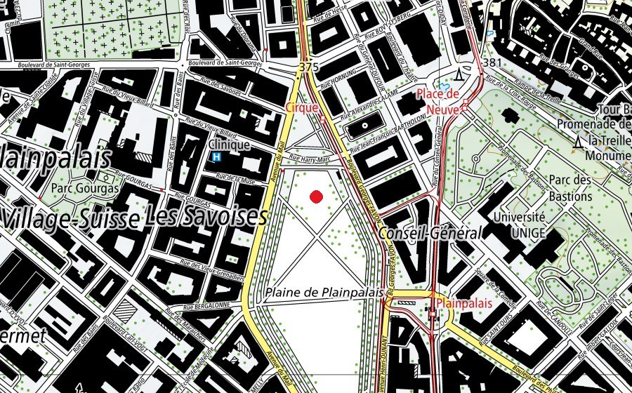Karte mit dem Standort von Skatepark de Plainpalais (Sportplatz)