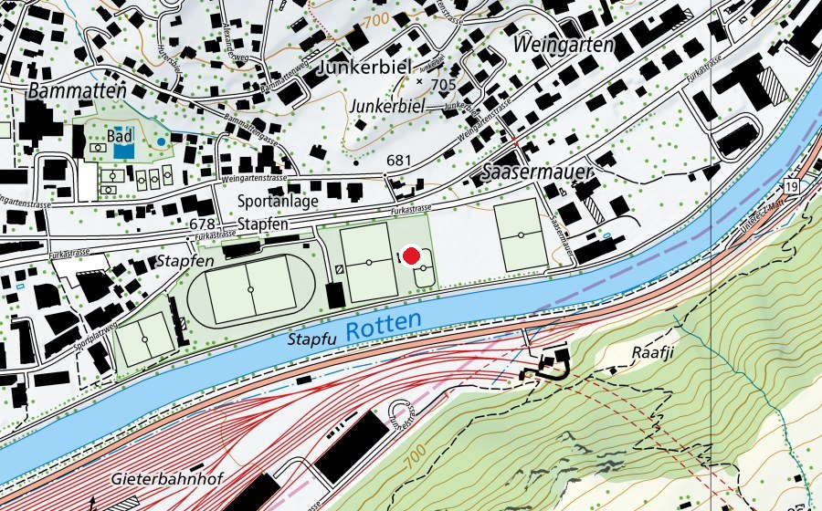 Map showing the location of Skatepark Naters (Sports field)