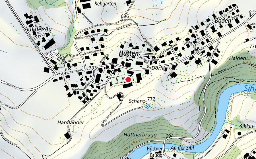Map showing the location of Spiel- und Pausenplatz Schule Hütten (Sports field)