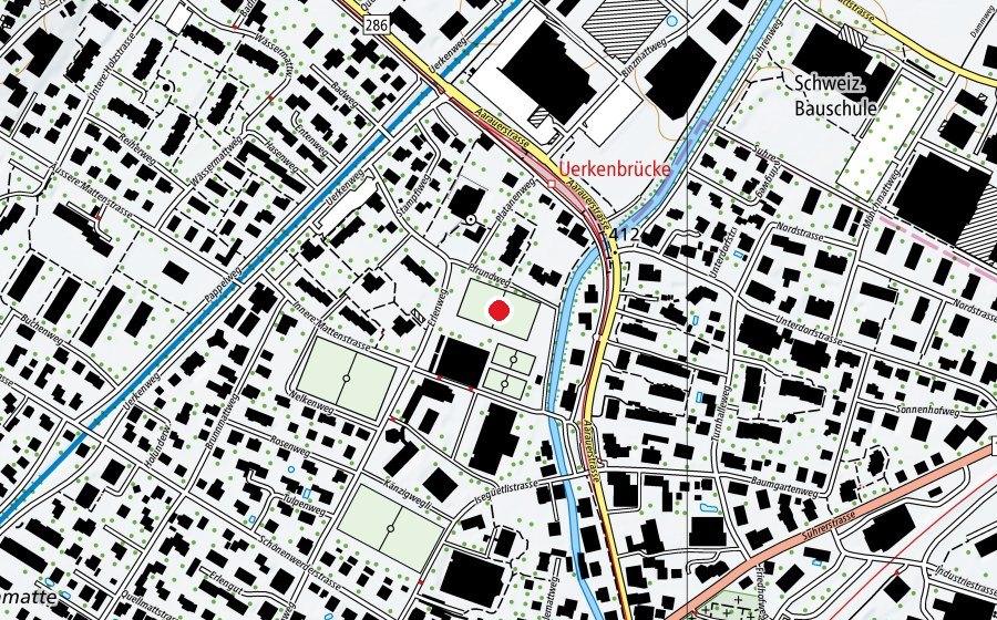 Map showing the location of Spielwiese 1 (Sports field)