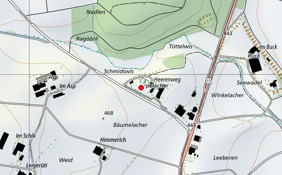 Map showing the location of Spielwiese (Sports field)