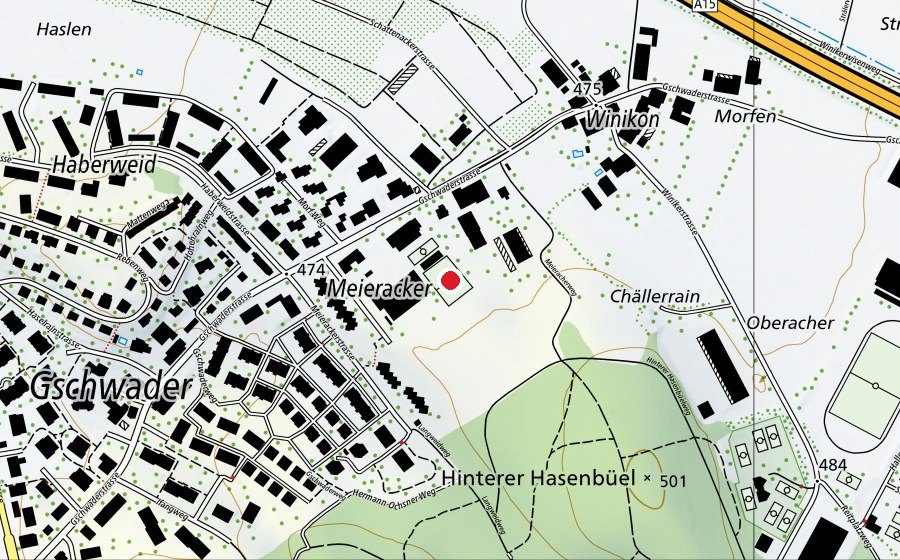 Karte mit dem Standort von Spielwiese Schulanlage Gschwader (Sportplatz)