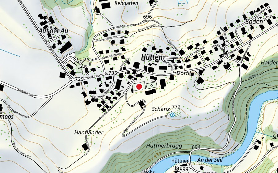 Karte mit dem Standort von Spielwiese Schule Hütten (Sportplatz)