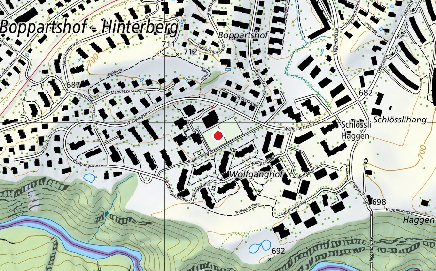 Map showing the location of Spielwiese (Sports field)