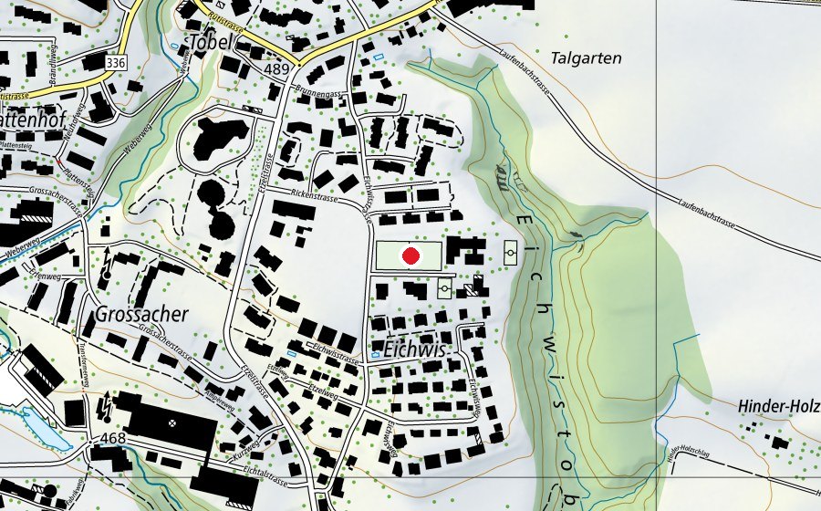 Carte indiquant l’emplacement de Spielwiese Tobel (Terrain de sport)
