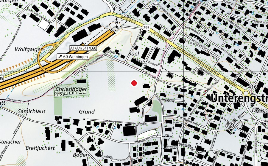 Map showing the location of Spielwiese (Sports field)