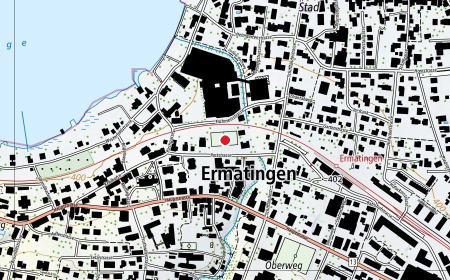 Map showing the location of Sport-/Fussballplatz (Sports field)