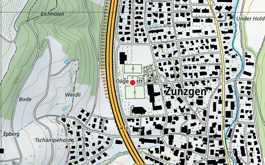 Map showing the location of Sportanlage (Sports field)