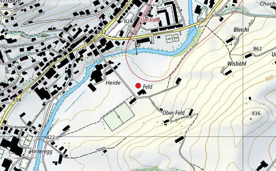 Map showing the location of Sportplatz Feld (Sports field)