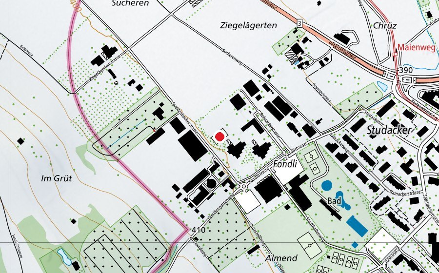 Map showing the location of Sportplatz Fondli (Sports field)