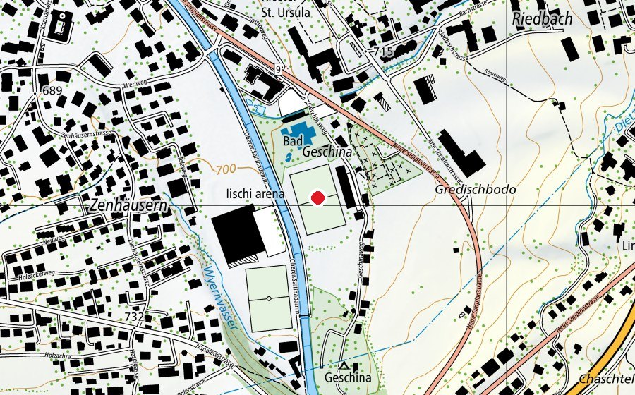 Mappa con la posizione di Sportplatz Geschina (Campo sportivo)