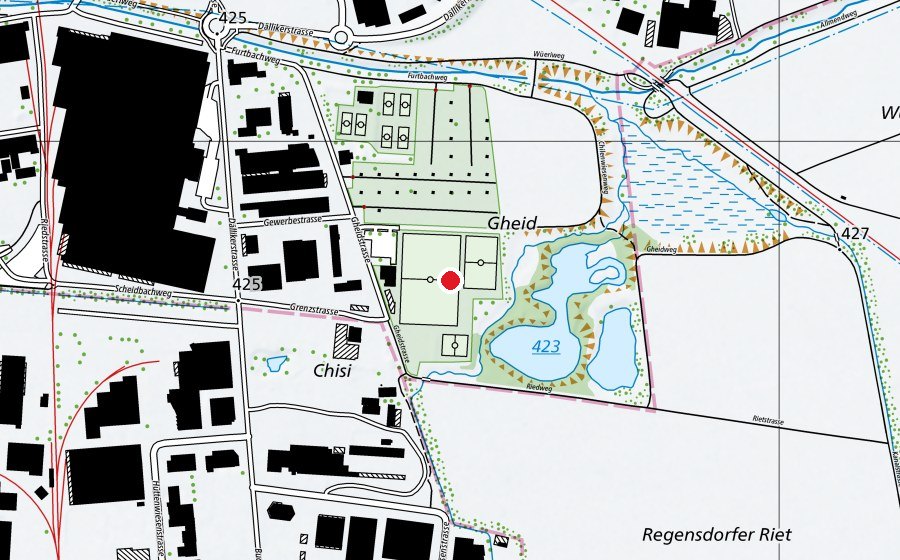 Mappa con la posizione di Sportplatz Gheid (Campo sportivo)