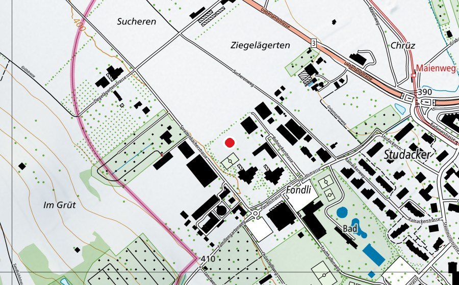 Map showing the location of Sportwiese Fondli (Sports field)