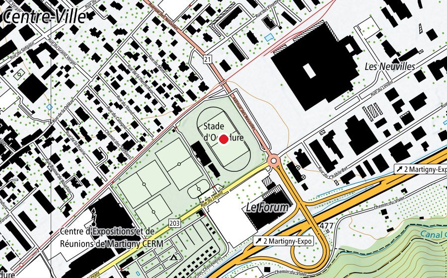 Map showing the location of Stade d'Octodure (Sports field)