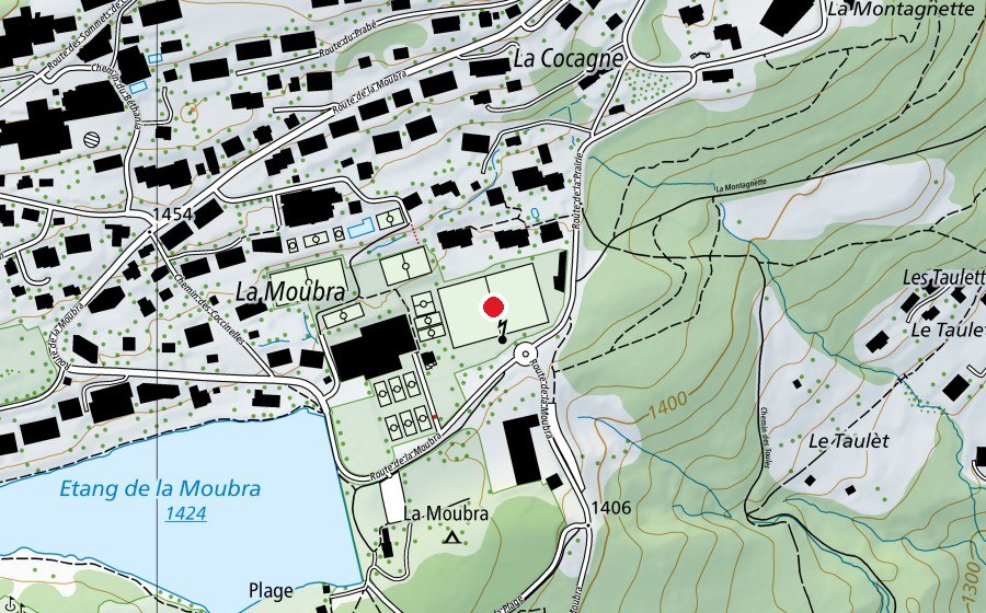 Map showing the location of Stade de la Moubra (Sports field)