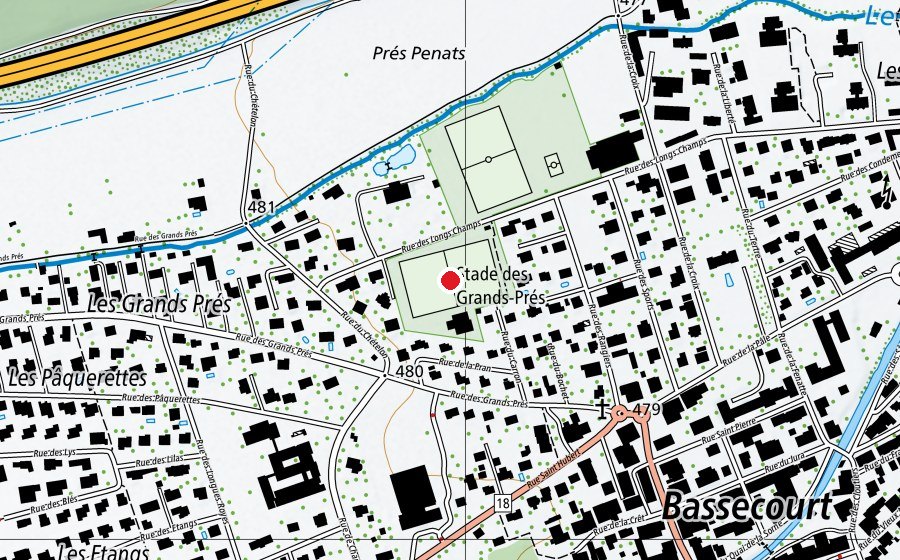 Karte mit dem Standort von Stade des Grands-prés (Sportplatz)