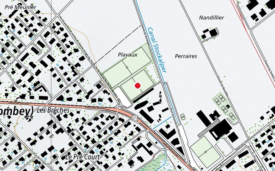 Karte mit dem Standort von Stade des Plavaux (Sportplatz)