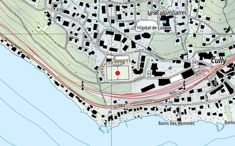 Mappa con la posizione di Stade des Ruvines (Campo sportivo)